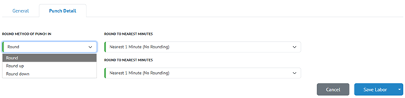 The image displays a user interface with a form for setting up a rounding option for a punch time, with various fields for specifying rounding rules and choices.AI-generated content may be incorrect.