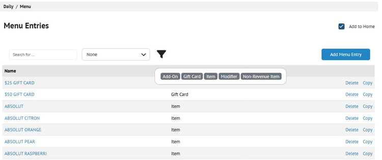Title: ★ The Menu Entries page, with the menu entry type filter open. - Description: ★ The Menu Entries page, with the menu entry type filter open.