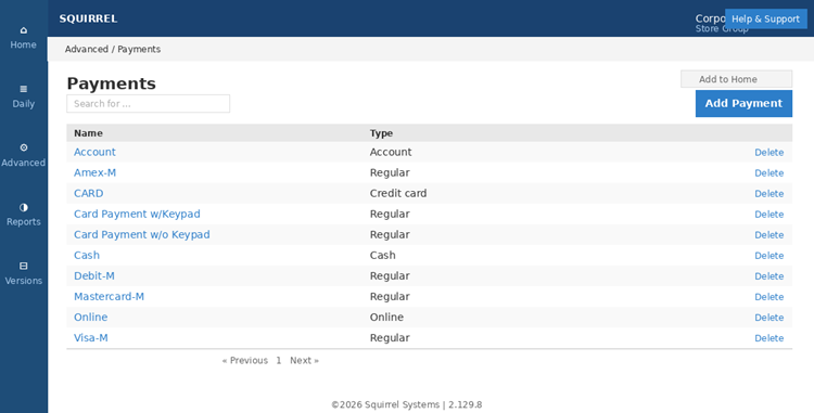 Title: Advanced Setup > Payments — click Add Payment to create a new payment type - Description: Advanced Setup > Payments — click Add Payment to create a new payment type