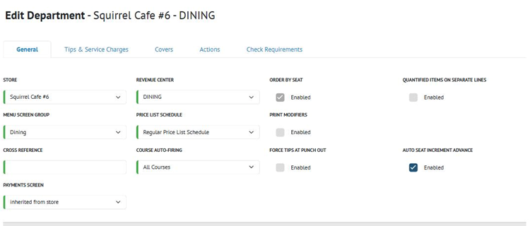 Title: ★ The General tab for a department on a Tables-type revenue center. Order by Seat is enabled and cannot be changed. - Description: ★ The General tab for a department on a Tables-type revenue center. Order by Seat is enabled and cannot be changed.