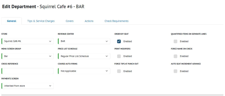 Title: ★ The General tab for a department on a Checks-type revenue center. - Description: ★ The General tab for a department on a Checks-type revenue center.