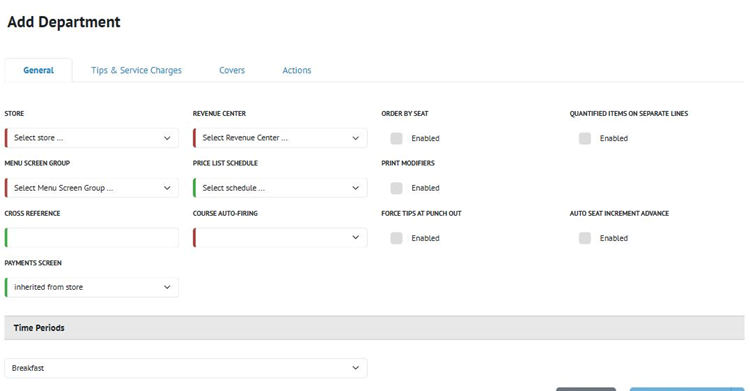 Title: ★ The General tab on a new department, before a revenue center is selected. - Description: ★ The General tab on a new department, before a revenue center is selected.