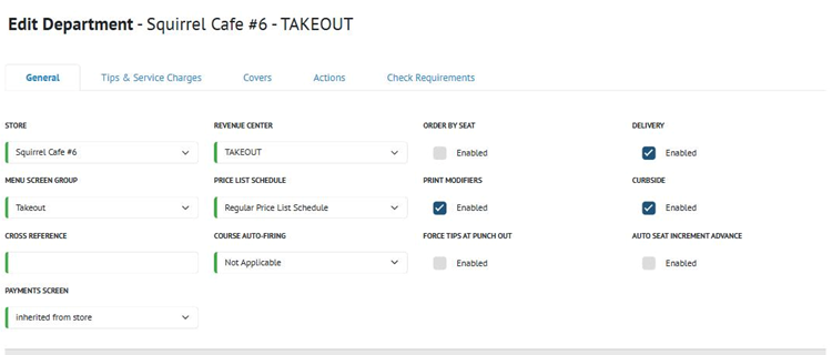 Title: ★ The General tab for a department on a Takeout-type revenue center. - Description: ★ The General tab for a department on a Takeout-type revenue center.